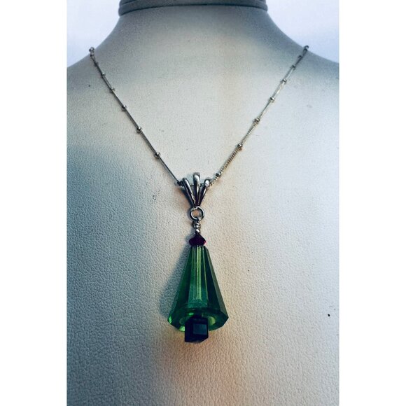 Sterling Silver 925 Green Crystal Christmas Tree Pendant Necklace, 17" Chain - Picture 5 of 11